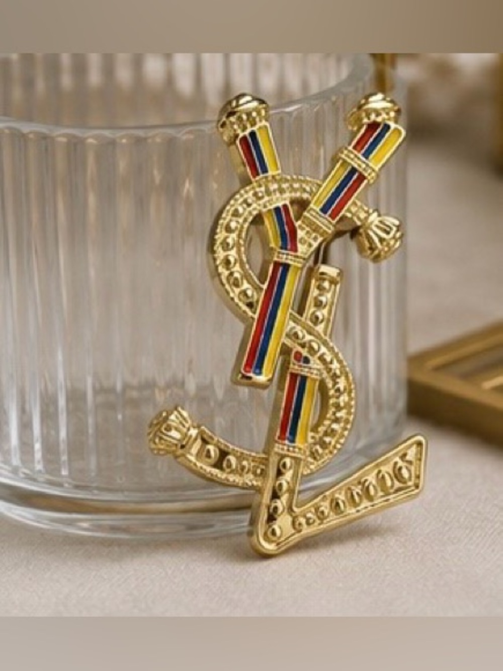 Gold Tone Multicolor Enamel Statement Brooch Luxury Inspired Lapel Pin - Picture 5 of 8